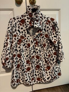 Women’s White Ruffle Collar Football Print Blouse